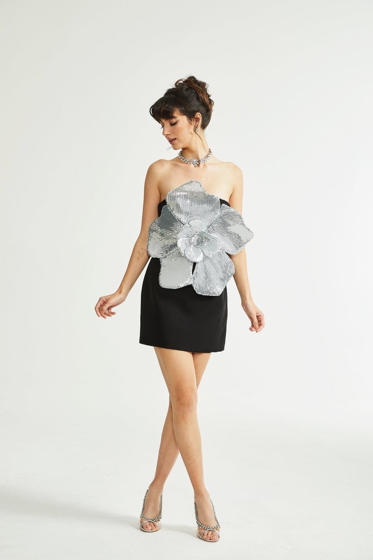 Florence fauxflower mini dress in Black