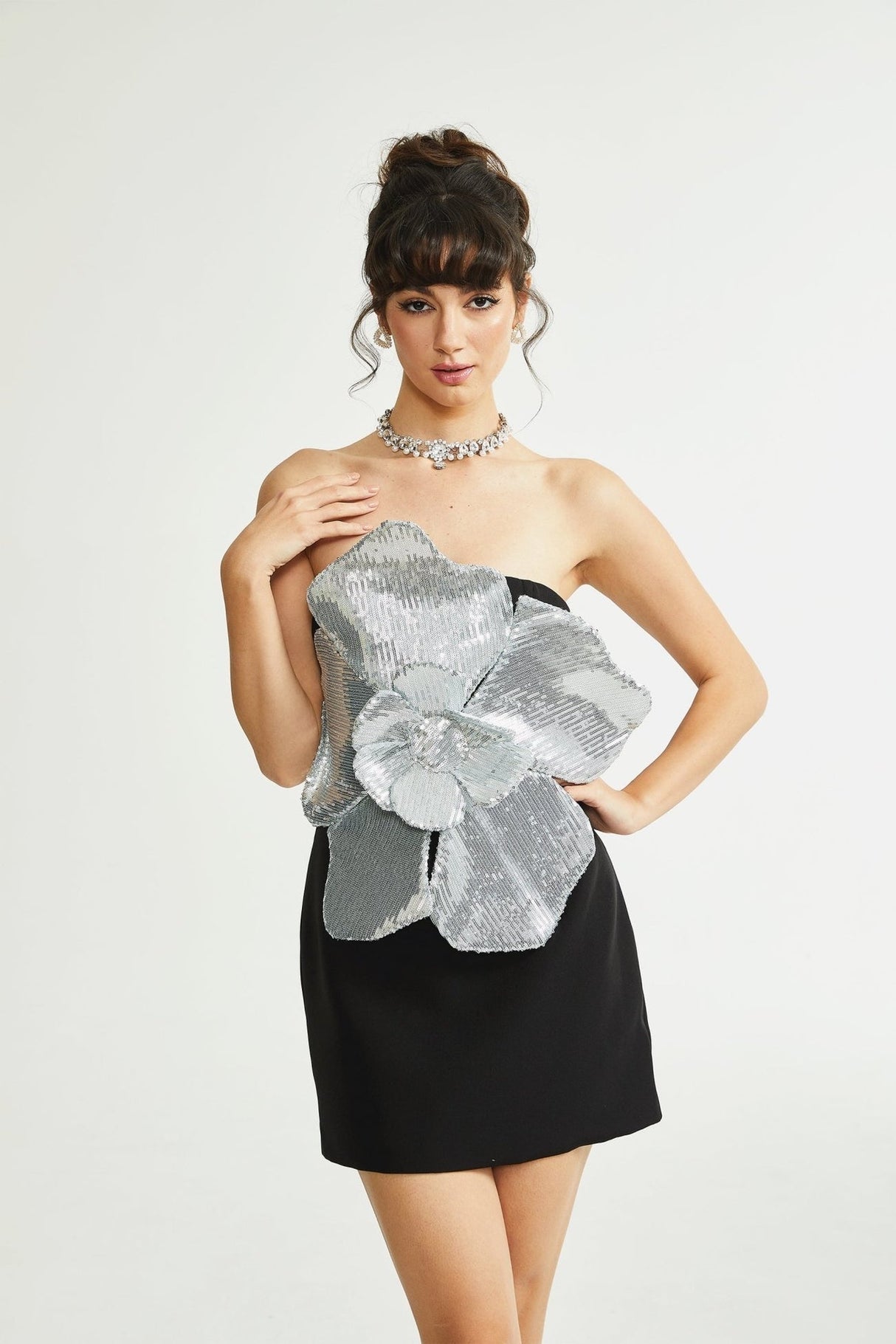 Florence fauxflower mini dress in Black