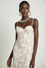 Florence Midi Dress - Sleeveless Design - Spaghetti Straps - Floral Embroidery - Back Slit