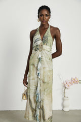 Flowy midlength dress with neckholder style and ombre print pattern fading from dark to light colors