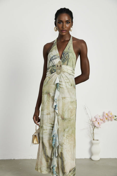 Flowy midlength dress with neckholder style and ombre print pattern fading from dark to light colors