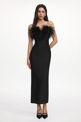 Fortuna Black Feather Detail Off-Shoulder Maxi Dress