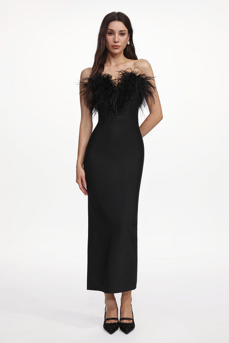 Fortuna Black Feather Detail Off-Shoulder Maxi Dress