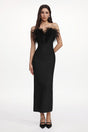 Fortuna Black Feather Detail Off-Shoulder Maxi Dress