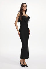 Fortuna Black Feather Detail Off-Shoulder Maxi Dress