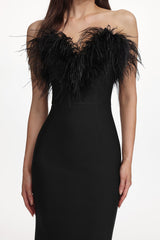 Fortuna Black Feather Detail Off-Shoulder Maxi Dress