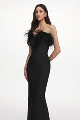 Fortuna Black Feather Detail Off-Shoulder Maxi Dress