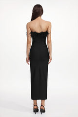 Fortuna Black Feather Detail Off-Shoulder Maxi Dress