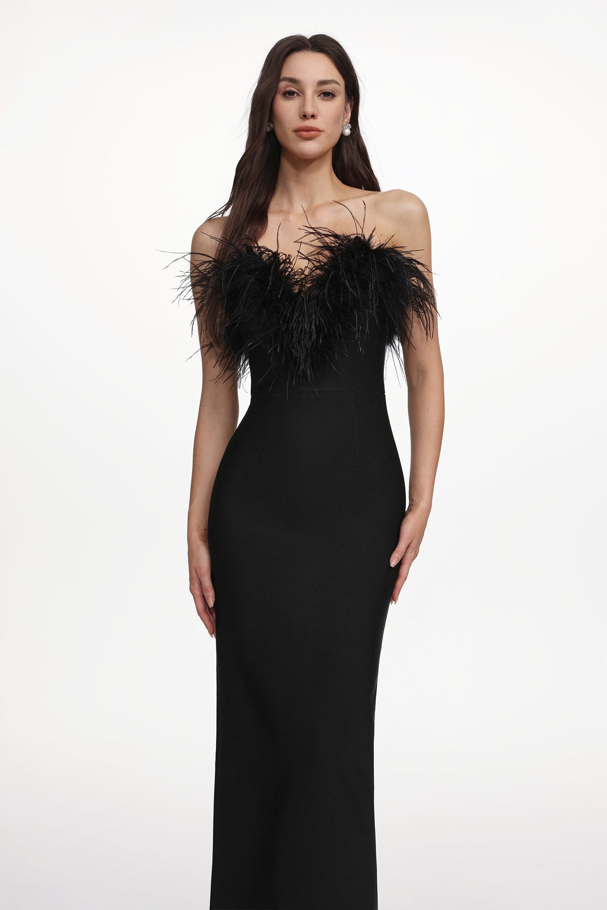 Fortuna Black Off-Shoulder Feather Detail Maxi Dress for Special Occasions