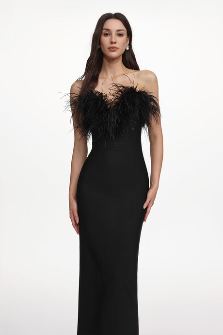 Fortuna Black Off-Shoulder Feather Detail Maxi Dress for Special Occasions