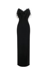 Fortuna Black Off-Shoulder Feather Detail Maxi Dress
