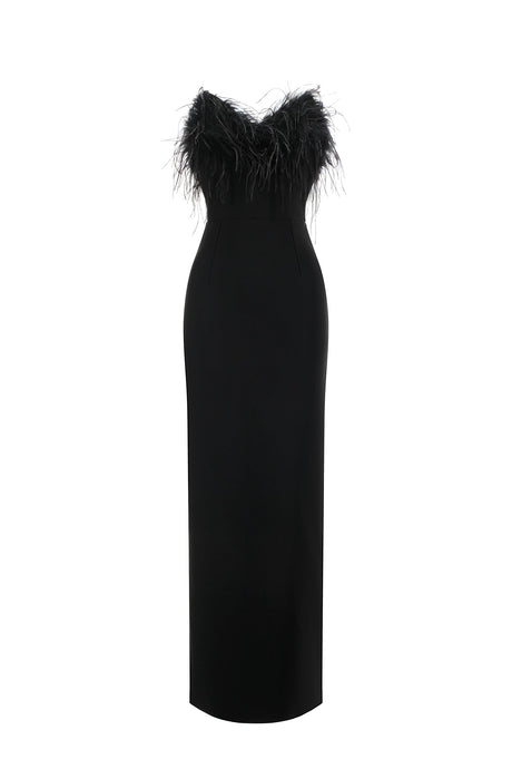 Fortuna Black Off-Shoulder Feather Detail Maxi Dress