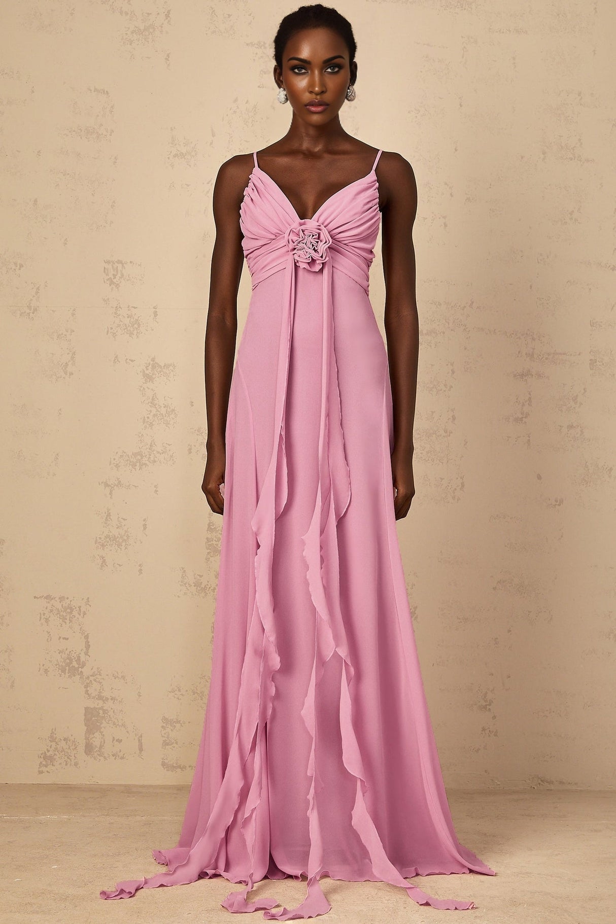 Fortuna Maxi Dress - Rose Pink Floral V - Neck Ribbon Detail