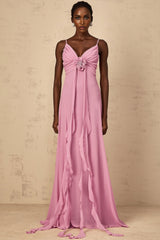 Fortuna Maxi Dress - Rose Pink Floral V - Neck Ribbon Detail