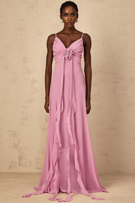 Fortuna Maxi Dress - Rose Pink Floral V - Neck Ribbon Detail