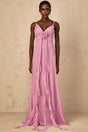 Fortuna Maxi Dress - Rose Pink Floral V - Neck Ribbon Detail