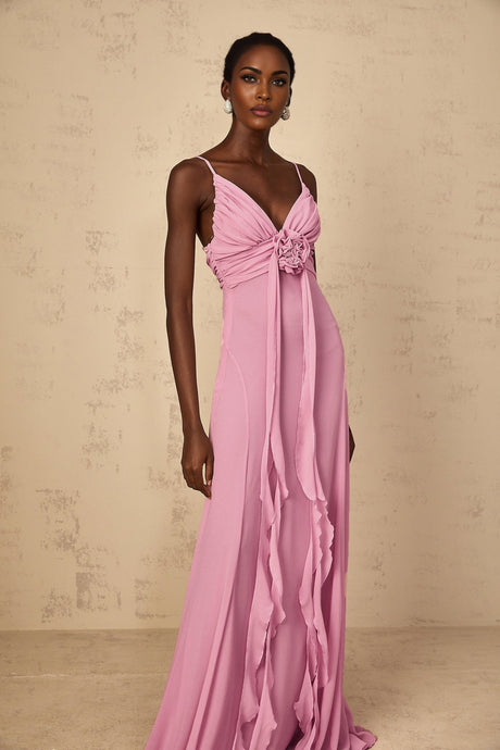 Fortuna Maxi Dress - Rose Pink Floral V - Neck Ribbon Detail