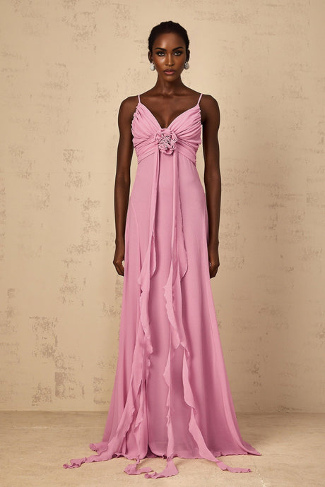 Fortuna Maxi Dress - Rose Pink Floral V - Neck Ribbon Detail