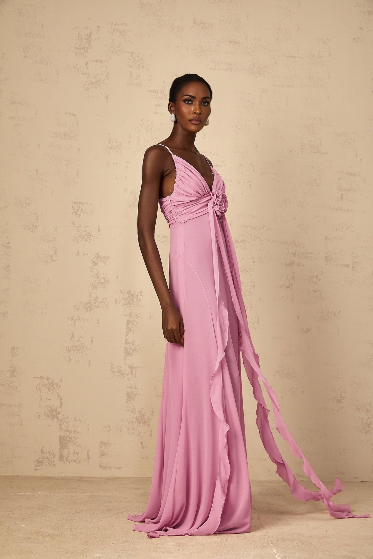 Fortuna Maxi Dress - Rose Pink Floral V - Neck Ribbon Detail