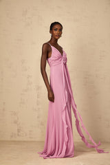 Fortuna Maxi Dress - Rose Pink Floral V - Neck Ribbon Detail
