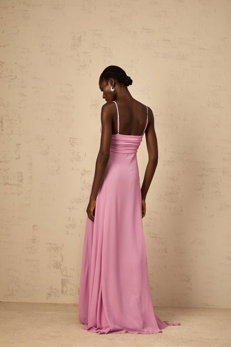 Fortuna Maxi Dress - Rose Pink Floral V - Neck Ribbon Detail