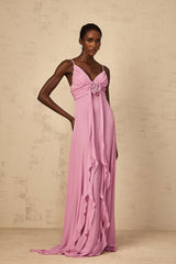 Fortuna Maxi Dress - Rose Pink Floral V - Neck Ribbon Detail