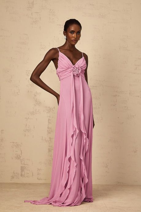 Fortuna Maxi Dress - Rose Pink Floral V - Neck Ribbon Detail