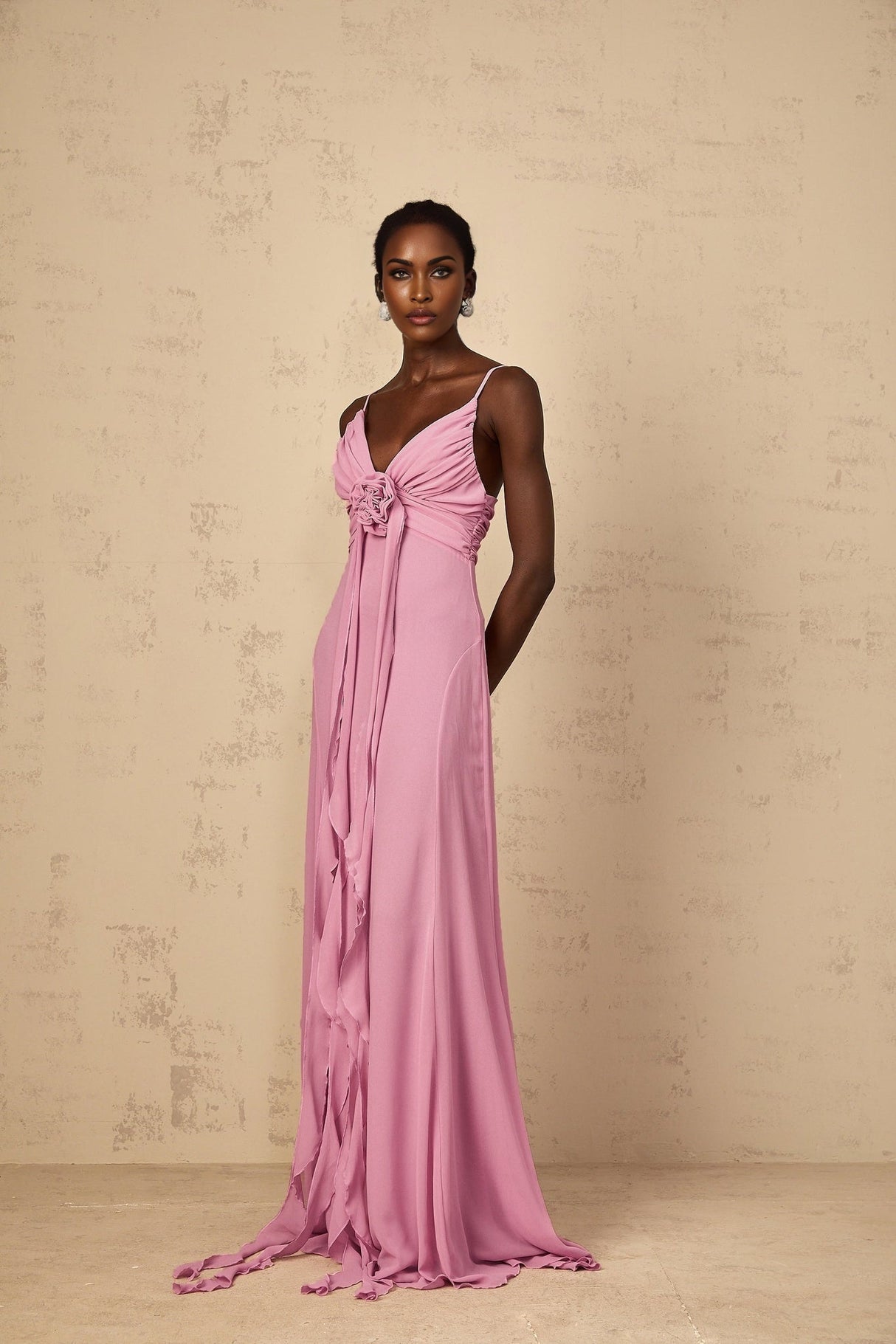 Fortuna Maxi Dress - Rose Pink Floral V - Neck Ribbon Detail