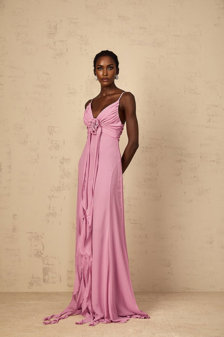 Fortuna Maxi Dress - Rose Pink Floral V - Neck Ribbon Detail