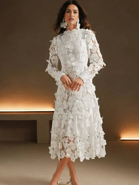 Fortuna Midi Dress - High Neck - Formal & Evening - A Line - Elegant - Appliques