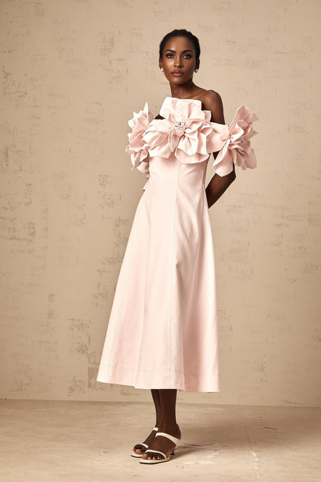 Fortuna Midi Dress - Off the Shoulder - Cinched Waist - 3D Petal Detailing - Flared Hem - Rear Zip Fastening