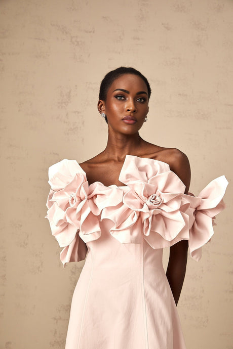 Fortuna Midi Dress - Off the Shoulder - Cinched Waist - 3D Petal Detailing - Flared Hem - Rear Zip Fastening