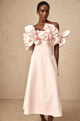 Fortuna Midi Dress - Off the Shoulder - Cinched Waist - 3D Petal Detailing - Flared Hem - Rear Zip Fastening