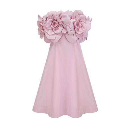 Fortuna Midi Dress - Off the Shoulder - Cinched Waist - 3D Petal Detailing - Flared Hem - Rear Zip Fastening