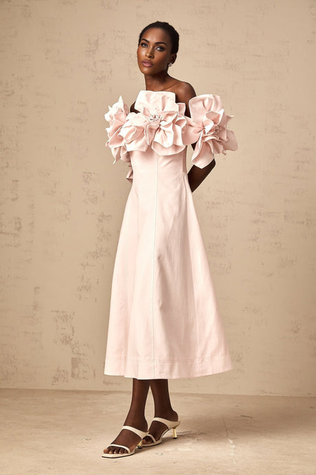 Fortuna Midi Dress - Off the Shoulder - Cinched Waist - 3D Petal Detailing - Flared Hem - Rear Zip Fastening