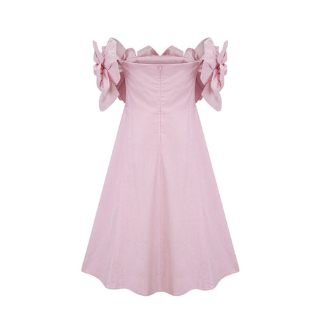 Fortuna Midi Dress - Off the Shoulder - Cinched Waist - 3D Petal Detailing - Flared Hem - Rear Zip Fastening