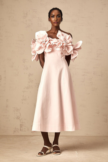 Fortuna Midi Dress - Off the Shoulder - Cinched Waist - 3D Petal Detailing - Flared Hem - Rear Zip Fastening