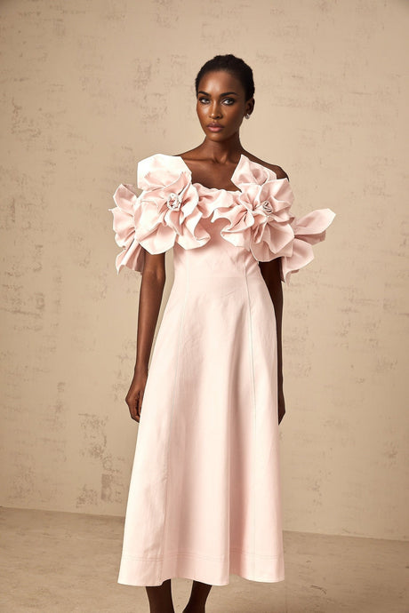 Fortuna Midi Dress - Off the Shoulder - Cinched Waist - 3D Petal Detailing - Flared Hem - Rear Zip Fastening