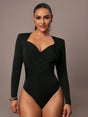 Fortunata Bodysuit - High Stretch Elasticity - Casual Style - Long Sleeve Length - Criss Cross, Ruched, Wrap - Slim Fit - Sweetheart Neckline