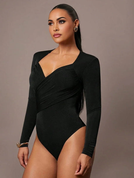 Fortunata Bodysuit - High Stretch Elasticity - Casual Style - Long Sleeve Length - Criss Cross, Ruched, Wrap - Slim Fit - Sweetheart Neckline