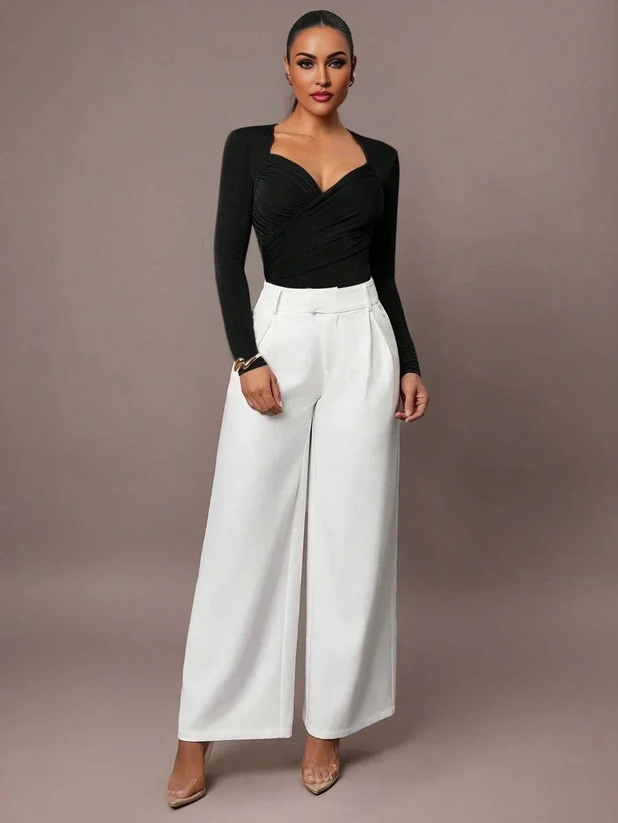 Fortunata Bodysuit - High Stretch Elasticity - Casual Style - Long Sleeve Length - Criss Cross, Ruched, Wrap - Slim Fit - Sweetheart Neckline