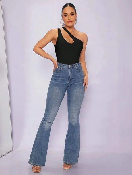 Fortunata Bodysuit - High Stretch Fabric - Slim Fit - Asymmetrical Neckline - Casual Style - Sleeveless - Natural Waist - Slit - Premium Quality