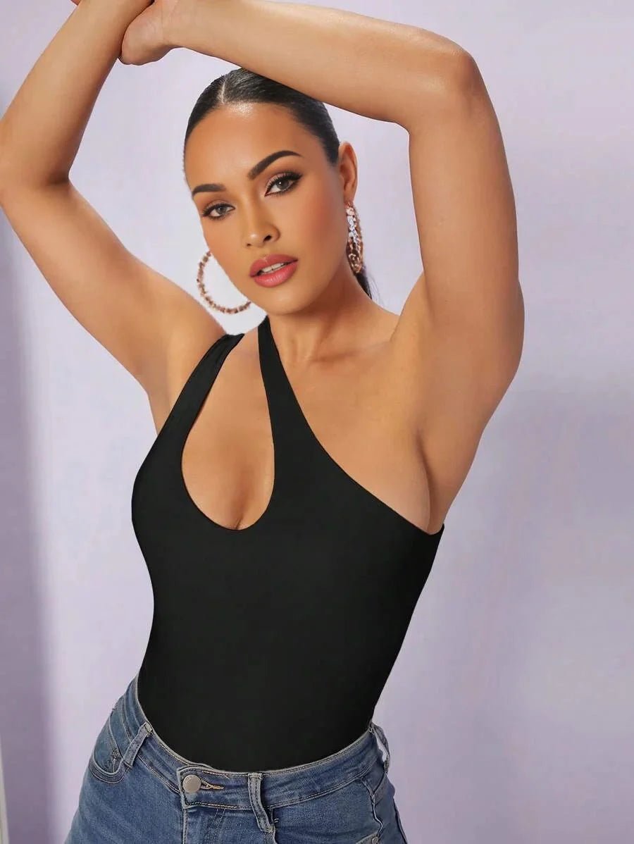 Fortunata Bodysuit - High Stretch Fabric - Slim Fit - Asymmetrical Neckline - Casual Style - Sleeveless - Natural Waist - Slit - Premium Quality