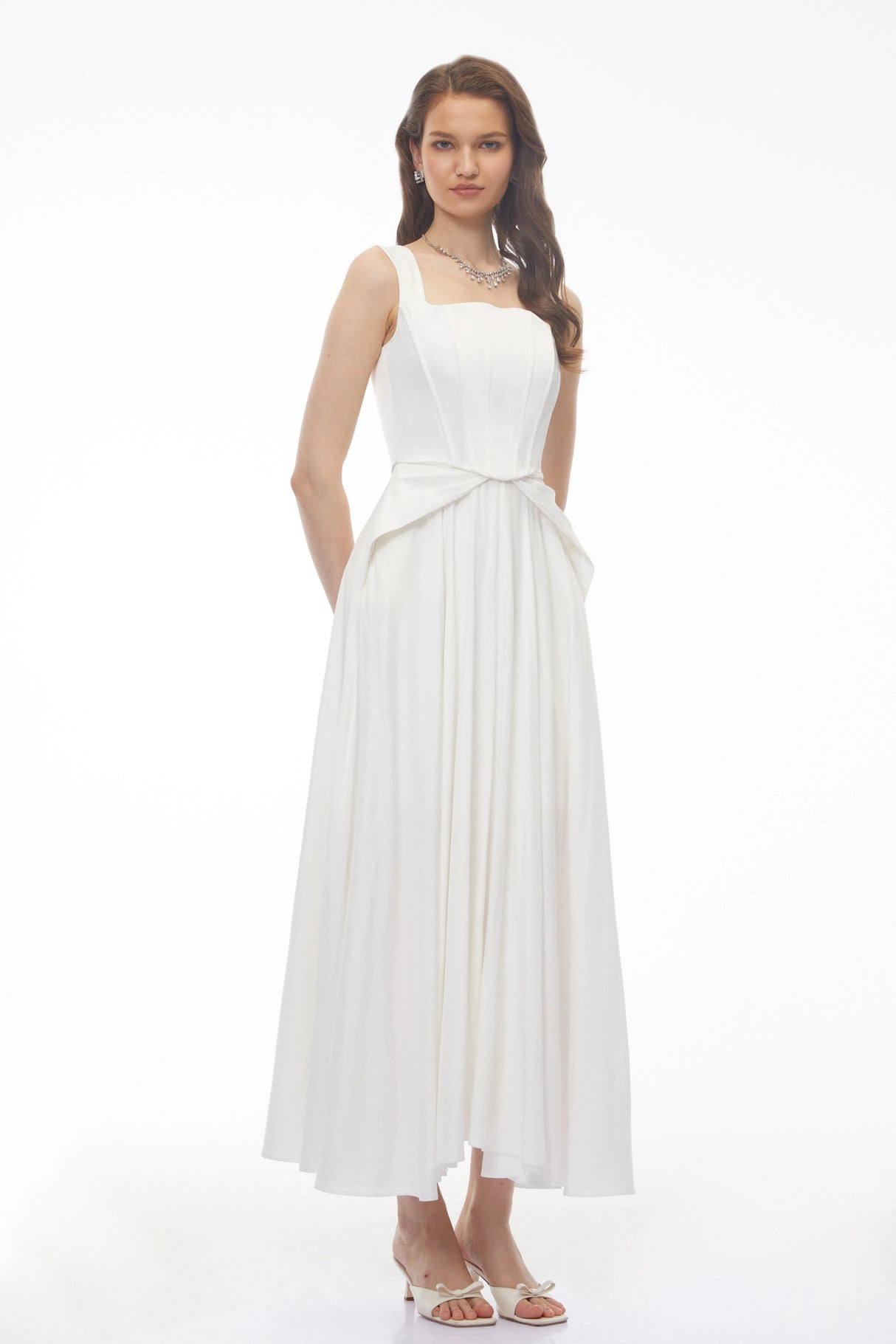 Forugh White Pleated Satin Maxi Dress