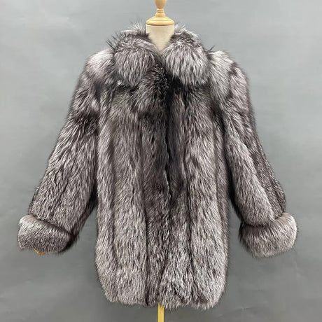 Fox Fur Jacket – Silver - Black Luxe – Winter Elegance