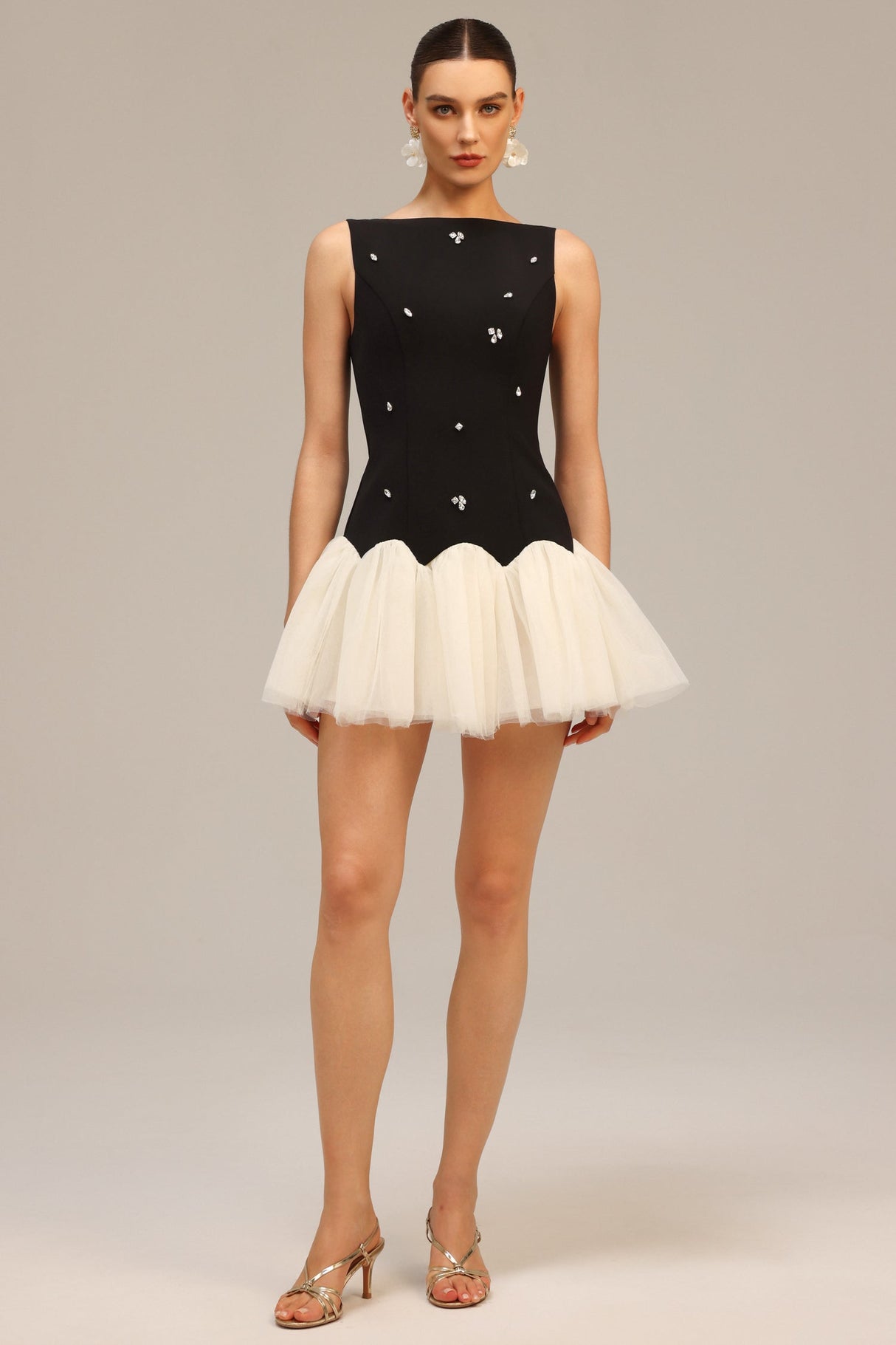 Franca Black Diamond Embellished Tulle Mini Dress