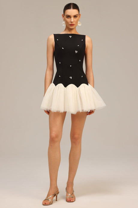 Franca Black Diamond Embellished Tulle Mini Dress