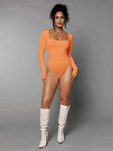 Franca Bodysuit - Slim Fit - Medium Stretch - Regular Sleeve - Natural Mid Waist - Square Neck - Knitted Fabric - Casual Style - Ruched