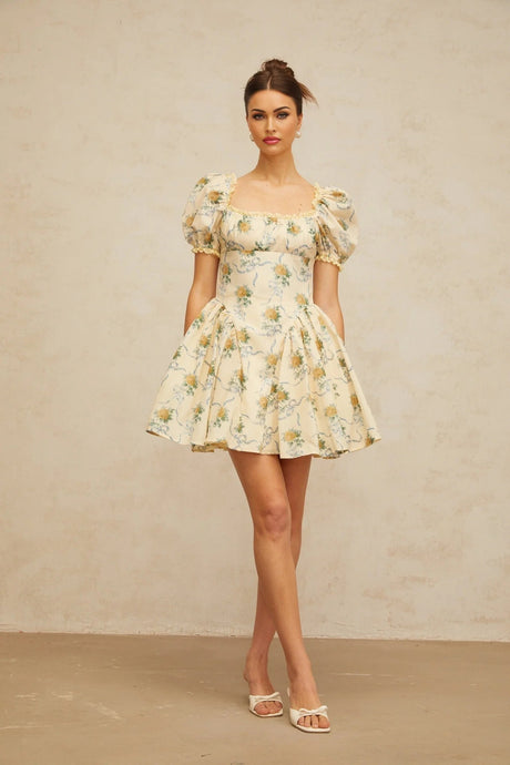 Franca Mini Dress Yellow Floral Shirred & Lace Trim Thigh - Length