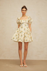 Franca Mini Dress Yellow Floral Shirred & Lace Trim Thigh - Length
